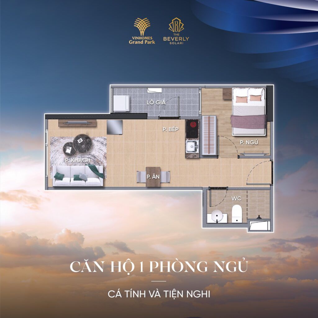 layout căn hộ 1 phòng ngủ the beverly solari