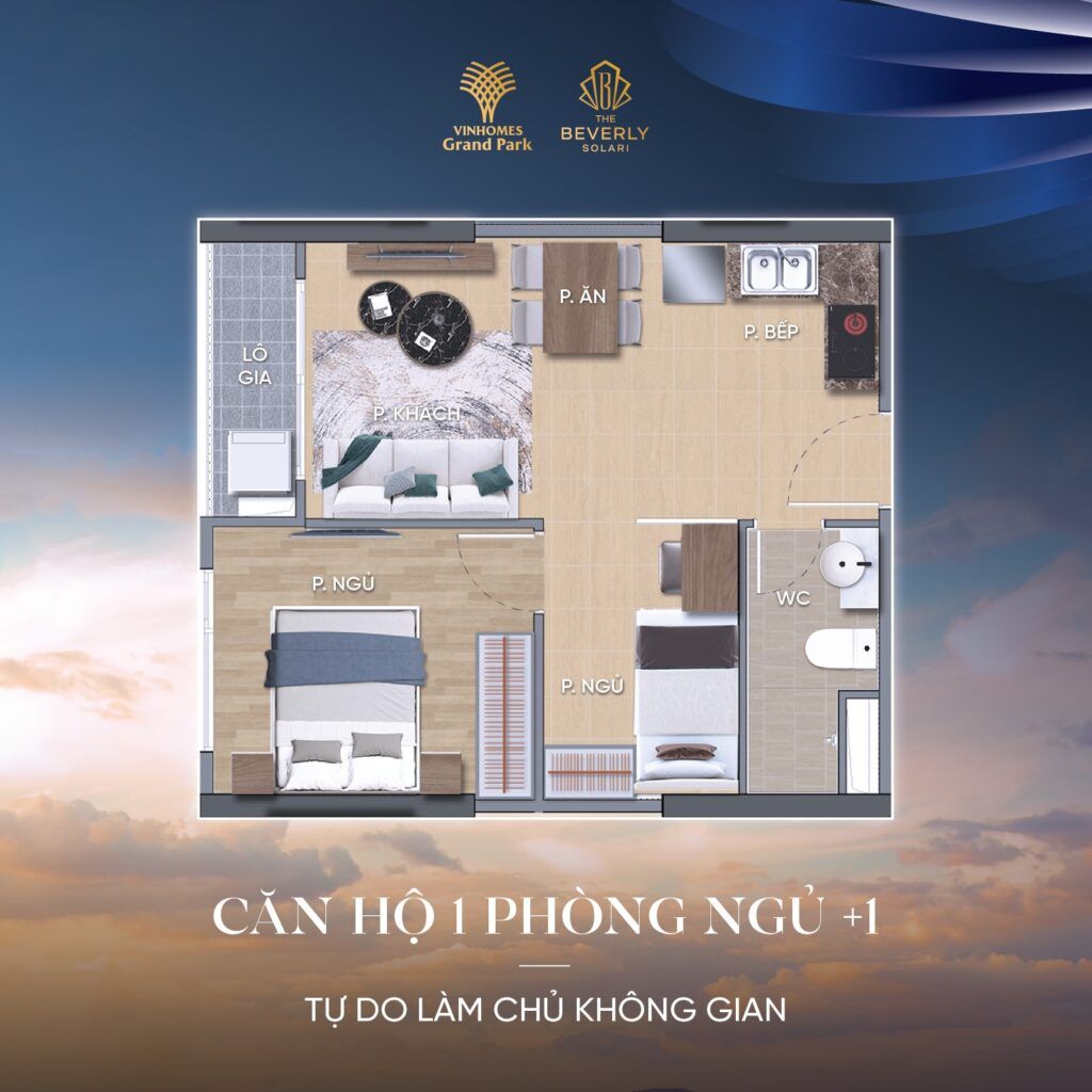 layout căn hộ 1 phòng ngủ+ the beverly solari