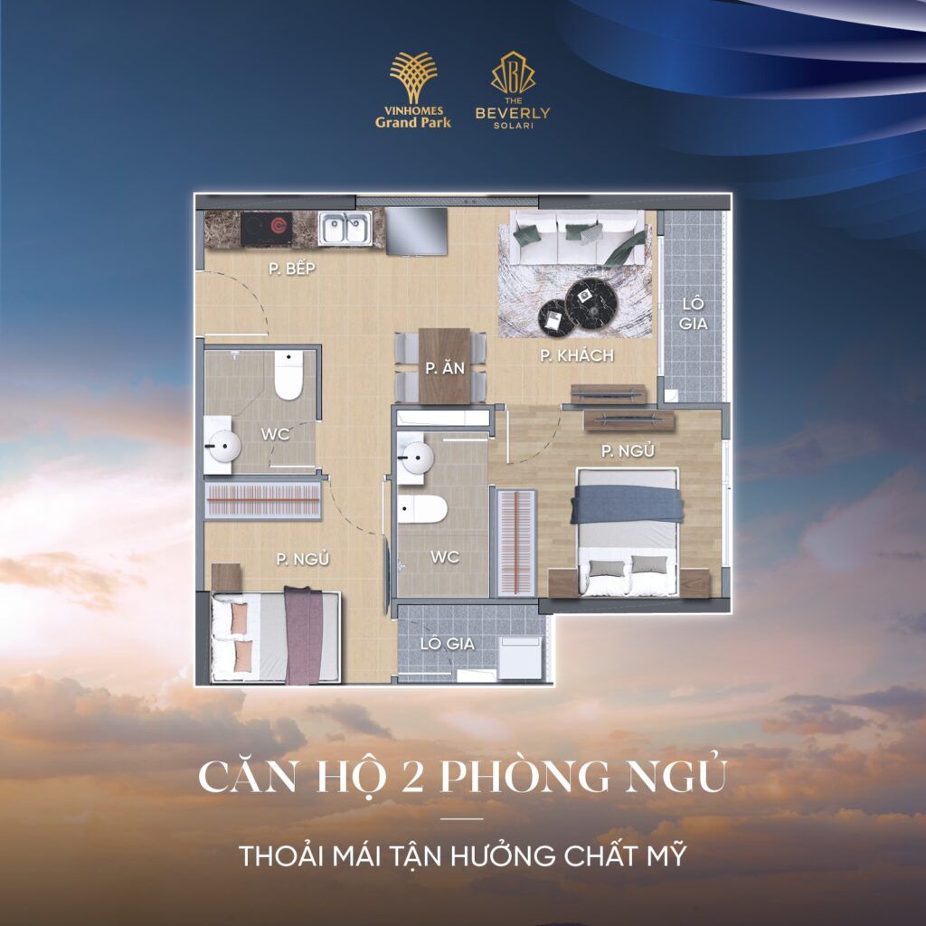 layout căn hộ 2 phòng ngủ the beverly solari