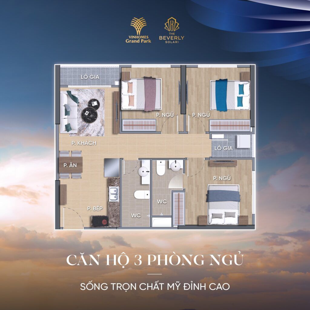 layout căn hộ 3 phòng ngủ the beverly solari